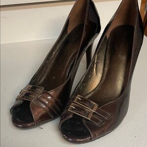 ANTONIO MELANI Brown Peep-Toe Heels with Buckle Detail